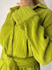 荷葉袖褶皺腰帶襯衫洋裝