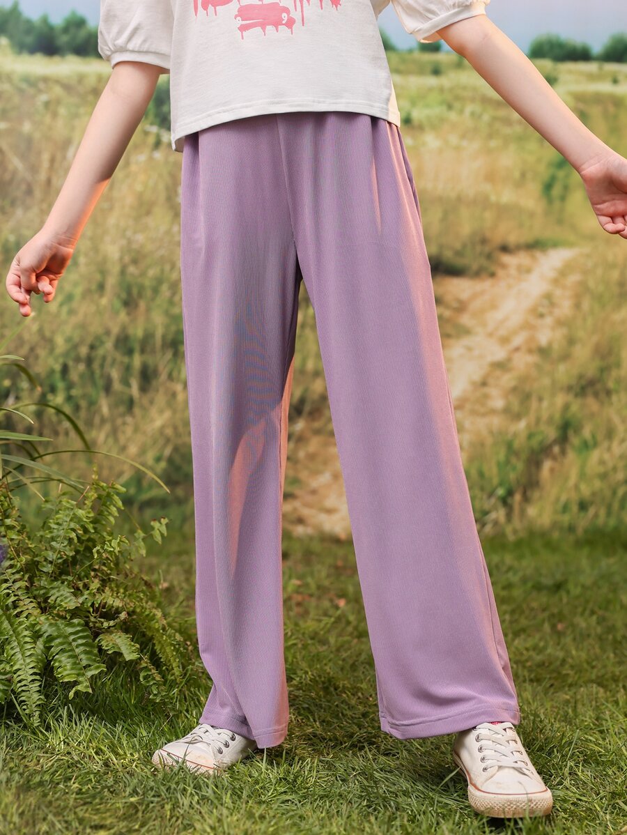 Girls Solid Straight Leg Trousers - Dusty Purple - View 1