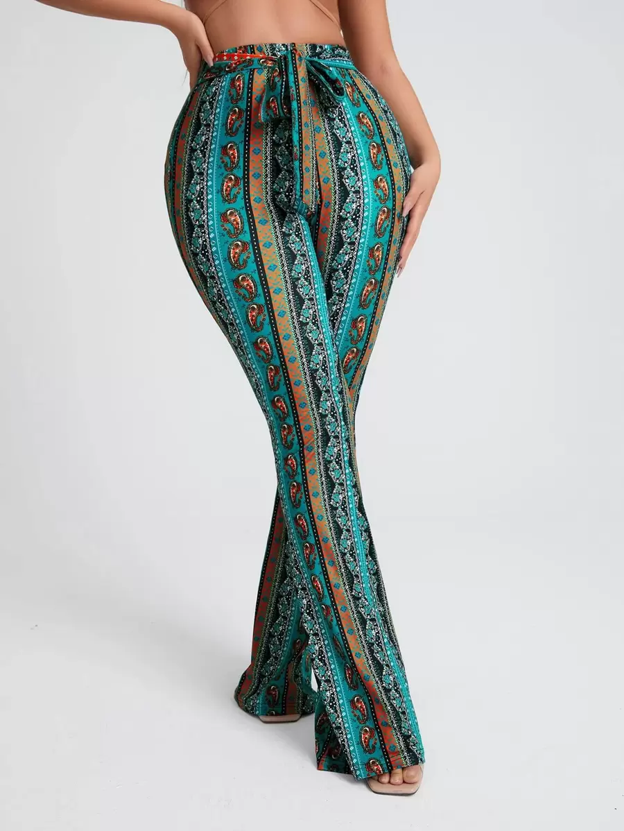 SHEIN SXY Floral & Paisley Print Knot Front Flare Leg Pants