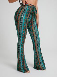SHEIN SXY Pantalones acampanados con estampado floral con paisley con nudo delantero