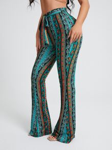 SHEIN SXY Pantalones acampanados con estampado floral con paisley con nudo delantero