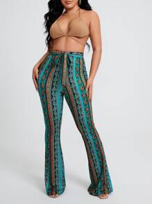 SHEIN SXY Pantalones acampanados con estampado floral con paisley con nudo delantero
