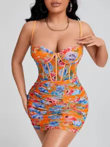 SHEIN SXY Floral Print Ruched Side Bustier Mesh Cami Bodycon Dress - Multicolor - View 1
