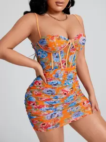 SHEIN SXY Floral Print Ruched Side Bustier Mesh Cami Bodycon Dress - Multicolor - View 3