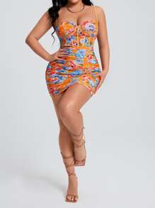 SHEIN SXY Floral Print Ruched Side Bustier Mesh Cami Bodycon Dress - Multicolor - View 5