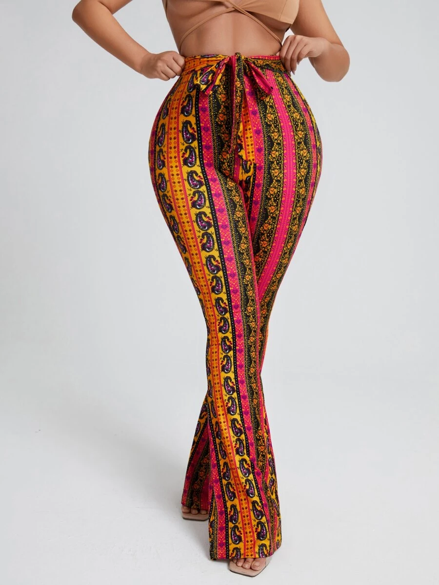 SHEIN SXY Floral & Paisley Print Knot Front Wide Leg Pants - Multicolor - View 1