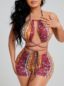 SHEIN SXY Bộ đồ hai mảnh nữ Lộ Lưng Hội Chữ thập Ren lên Buộc lại Hoa Gợi cảm - Nhiều màu - Xem 1