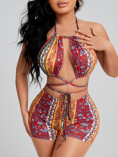 SHEIN SXY 印花交叉露背掛脖上衣和短褲