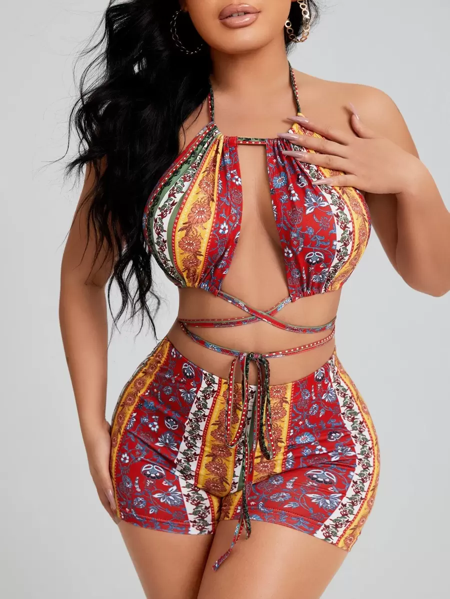 SHEIN SXY Bộ đồ hai mảnh nữ Lộ Lưng Hội Chữ thập Ren lên Buộc lại Hoa Gợi cảm - Nhiều màu - Xem 1