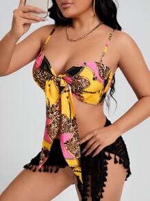 SHEIN SXY Áo hai dây Thắt nơ trước Họa tiết Chain Boho - Nhiều màu - Xem 1