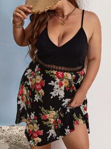 SHEIN VCAY Plus Floral Print Contrast Guipure Lace Cami Dress - Multicolor - View 2