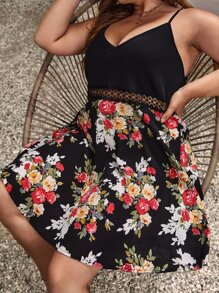 SHEIN VCAY Plus Floral Print Contrast Guipure Lace Cami Dress - Multicolor - View 3
