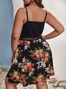 SHEIN VCAY Plus Floral Print Contrast Guipure Lace Cami Dress - Multicolor - View 5