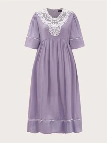 Mulvari Contrast Guipure Lace Puff Sleeve Dress - Lilac Purple - View 1