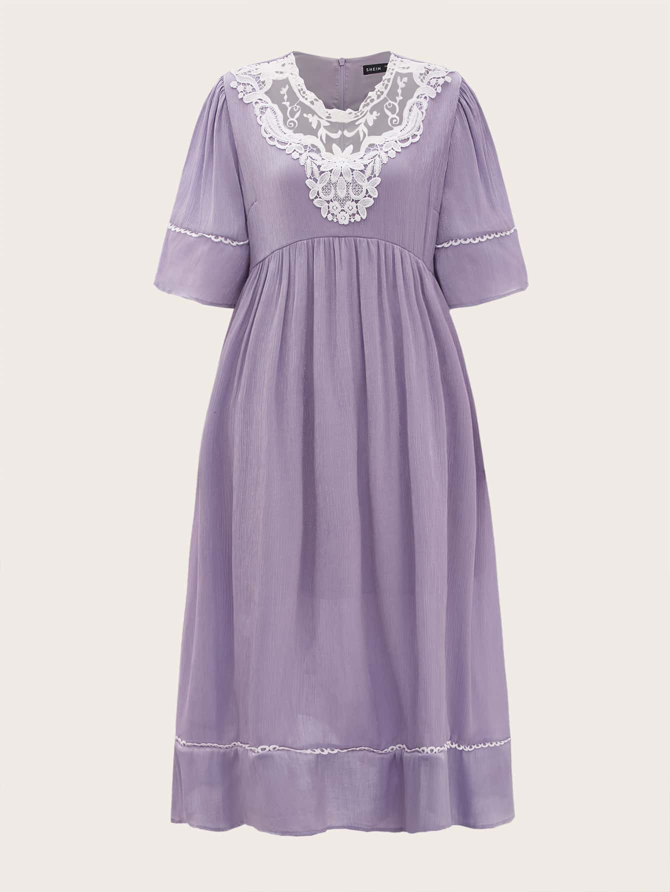 Mulvari Contrast Guipure Lace Puff Sleeve Dress - Lilac Purple - View 1