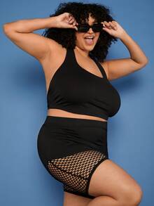 SHEIN CURVE+ Plus Contrast Fishnet Cycling Shorts - Black - View 2