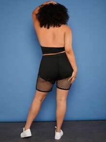 SHEIN CURVE+ Plus Contrast Fishnet Cycling Shorts - Black - View 3