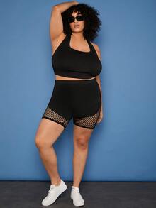 SHEIN CURVE+ Plus Contrast Fishnet Cycling Shorts - Black - View 4