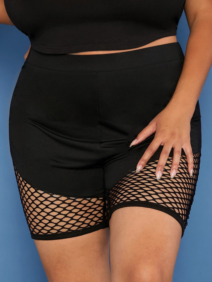 SHEIN CURVE+ Plus Contrast Fishnet Cycling Shorts - Black - View 1