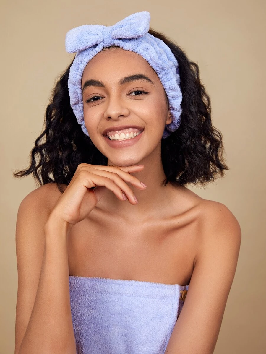 SHEIN Basic living SINH HOẠT CƠ BẢN Sợi nhỏ Spa Trang điểm Băng đô Coral Fleece Nơ-Lavender Macaron