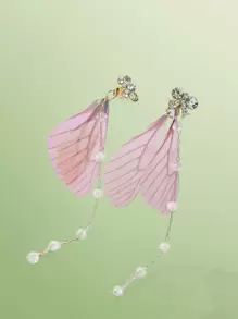 ROMWE Fairycore 翅膀和人造珍珠耳環 - 淺粉色 - 查看 1