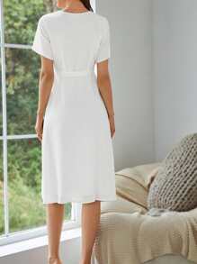 SHEIN Privé Guipure Lace Panel Knot Side Wrap Dress - White - View 2