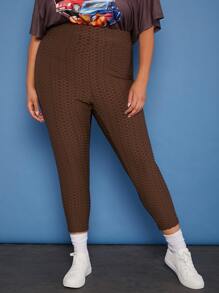 SHEIN CURVE+ Plus Solid Honeycomb Textured Leggings - Coffee Brown - View 2