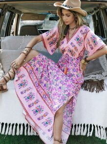 Rusttydustty Bohemian Floral Print Tie Waist Tassel V-Neck Split Dress For Women - Pink - View 1