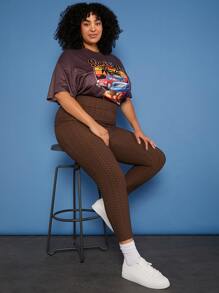 SHEIN CURVE+ Plus Solid Honeycomb Textured Leggings - Coffee Brown - View 6