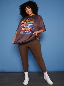 SHEIN CURVE+ Plus Solid Honeycomb Textured Leggings - Coffee Brown - View 3