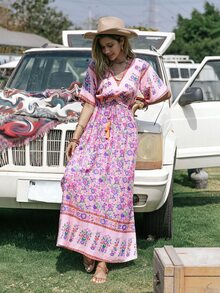 Rusttydustty Bohemian Floral Print Tie Waist Tassel V-Neck Split Dress For Women - Pink - View 3