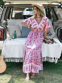 Rusttydustty Bohemian Floral Print Tie Waist Tassel V-Neck Split Dress For Women - Pink - View 4