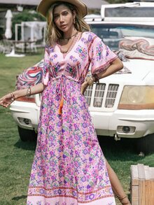 Rusttydustty Bohemian Floral Print Tie Waist Tassel V-Neck Split Dress For Women - Pink - View 6