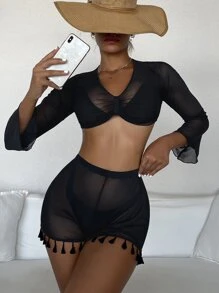 Tassel Trim Cover Up Top With Shorts Set, For Summer Beach Vacation - Black - View 2