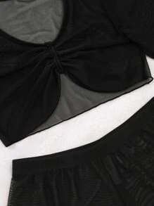 Tassel Trim Cover Up Top With Shorts Set, For Summer Beach Vacation - Black - View 4