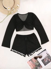 Tassel Trim Cover Up Top With Shorts Set, For Summer Beach Vacation - Black - View 7