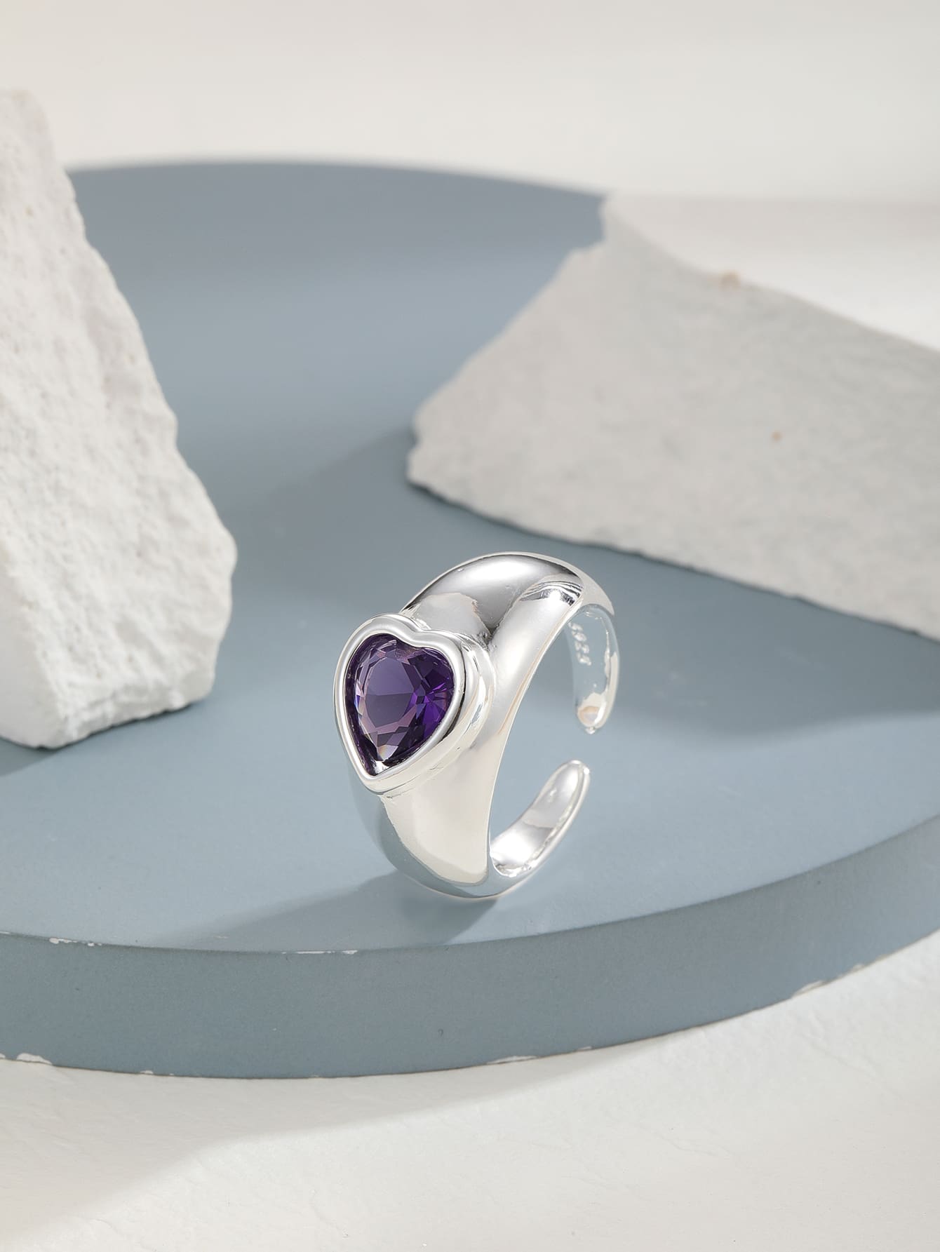 Cubic Zirconia Heart Decor Cuff Ring - Silver - View 1