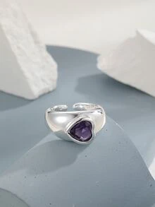 Cubic Zirconia Heart Decor Cuff Ring - Silver - View 2