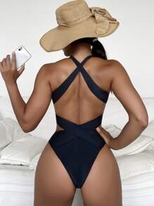 Criss Cross Halter Cut Out One Piece Swimsuit, For Summer Beach Vacation - Black - View 1