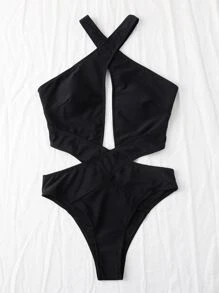 Criss Cross Halter Cut Out One Piece Swimsuit, For Summer Beach Vacation - Black - View 5