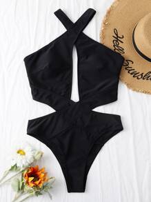 Criss Cross Halter Cut Out One Piece Swimsuit, For Summer Beach Vacation - Black - View 6