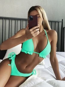 SHEIN Swim Summer Beach Frill Triangle Tie Side Bikini Set - Mint Blue - View 1