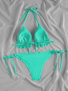 SHEIN Swim Summer Beach Frill Triangle Tie Side Bikini Set - Mint Blue - View 2
