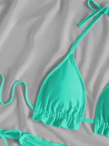 SHEIN Swim Summer Beach Frill Triangle Tie Side Bikini Set - Mint Blue - View 4