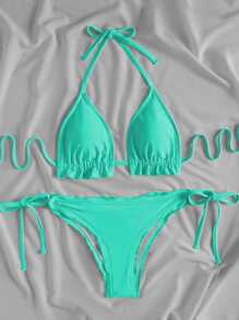 SHEIN Swim Summer Beach Frill Triangle Tie Side Bikini Set - Mint Blue - View 5