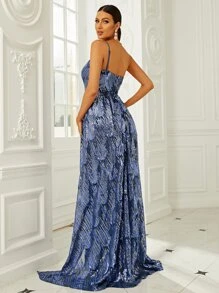 Missord 單肩圍裹下擺亮片正式連衣裙 - 藏蓝色 - 查看 2