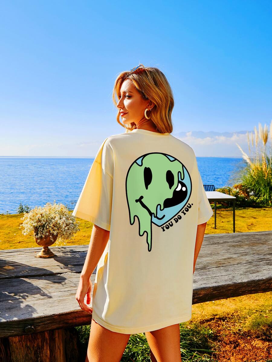 SHEIN Unity Slogan & Expression Print Drop Shoulder Tee - Beige - View 1