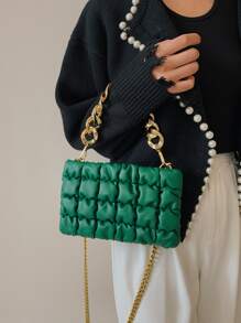 Bolso con diseño de cremallera con cadena con solapa - Verde - Ver 5