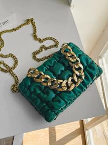 Bolso con diseño de cremallera con cadena con solapa - Verde - Ver 8