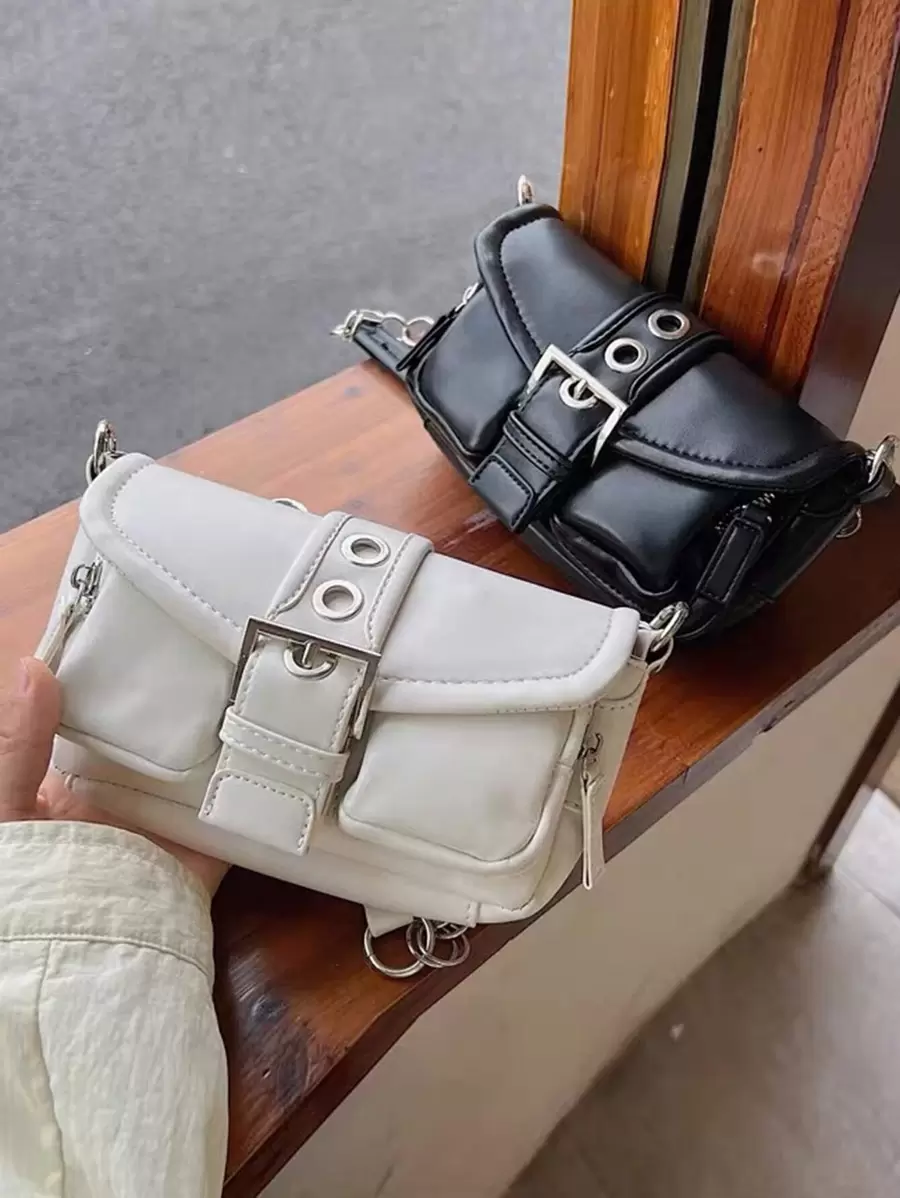 Vintage Soft Leather Motorcycle Bag, Unique And Versatile Style, Large Capacity With Multiple Front Pockets, Chain Strap And Elegant Metal Details Satchel Bag Suitable For Office, Street Style And University, Shoulder Bag For White-collar Workers - Beige - View 1